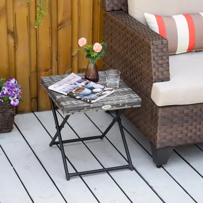 Produktbild von Beistelltisch klappbar Polyrattan Stahl, Gartentisch Couchtisch wetterfest, Balkontisch Rattanoptik, Grau | 40x40x40 cm | bis 30 kg | UV-beständig