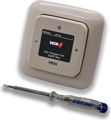 Produktbild von Busch Jäger DAB+ (DAB PLUS) Unterputz Radio (8215U-101) DURO2000 cremeweiß, Komplett-Set 8215 U – 101, Rahmen und Radioabdeckung inkl. EBROM Phasenprüfer zur Montage des Geräts