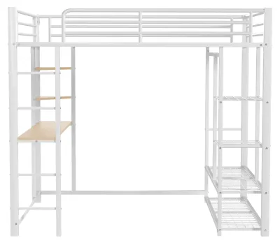 Imagen del producto de Cama de metal - Cama alta con escalera - 140 x 200 cm - Escritorio - Ganchos para ropa - Compartimentos de almacenamiento - Blanco