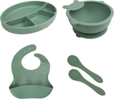 Obrázek produktu pro Sada dětského nádobí, Thermobaby silikon, kaktusově zelená, talíř, miska, bryndák, 2 lžíce, bez BPA