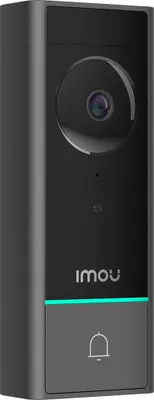 A black video doorbell with a camera lens, a small indicator light, the IMOU logo, a green light strip, and a bell icon.