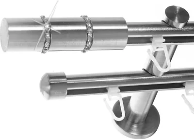 Produktbild von Innenlauf Gardinenstange Edelstahl look, Durchmesser 16mm, Wandträger H80, 2-läufig, Länge 240, Endkappe E26