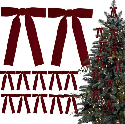 Imagen del producto de Lazos de terciopelo burdeos para el árbol de Navidad - Juego de 12 - Cinta de 2,5 cm, lazos de terciopelo para la decoración navideña del árbol