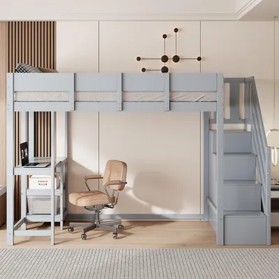 Produktbild von okwish Etagenbett 90x200 mit Stauraumtreppe,Hochbett mit Ablage und Schutzgeländern,Kinderbett mit Lattenrost,ohne Matratze,Grau