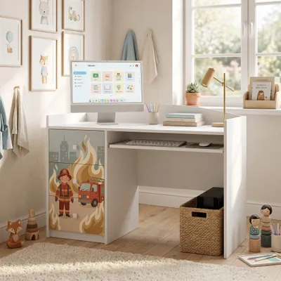 Immagine prodotto di Scrivania bianca per bambini con cassetto e vano portaoggetti, scrivania per studenti, adatta a ragazzi e ragazze, scrivania per computer e studio con decorazioni