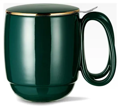 Produktbild von Teetasse mit Deckel und Sieb, 480 ml, gewundener Griff, dunkelgrün, glattes Porzellan mit Goldrand