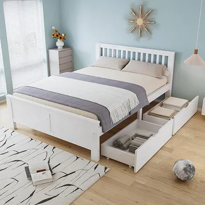 Produktbild von Doppelbett mit Schubladen 140 x 200 cm, Holzbett mit Kopfteil und Lattenrost, einfacher Stil Bettgestell, Kinderbett Jugendbett Erwachsenenbett, Rahmen aus Kiefernholz, Weiß