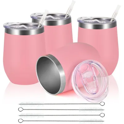 Produktbild von Weinbecher Edelstahl 4 Stück mit Deckel Doppelwandig 12oz Rosa