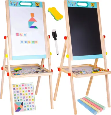 Obrázok produktu pre Malplay drevená tabuľa s kriedami a magnetmi pre deti Stojaci hrací stôl Tabuľa na maľovanie 85 cm