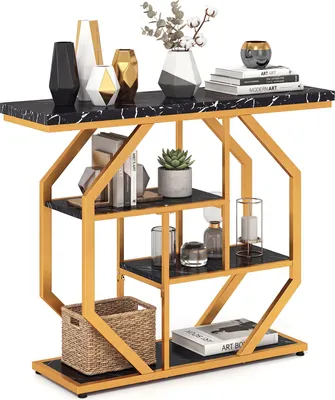Produktbild von COSTWAY Konsolentisch, 100cm Flurtisch mit Ablageflächen & Kunstmarmortischplatte, 4-stufiger Eingangstisch mit geometrischem Metallgestel, Sofatisch