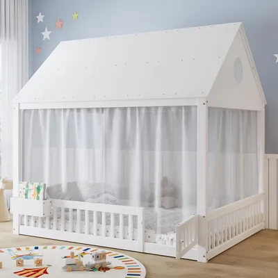 Produktbild von Abrihome Kinderbett 140x200 cm Hausbett mit Fenster, Vorhängeschirmen und Dachdetails, Weiß
