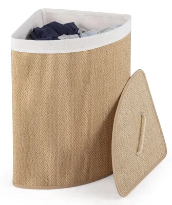 Image de Panier à linge d'angle COSTWAY, 57 litres, avec couvercle et poignées, trieur à linge en bambou avec sac à linge, boîte à linge avec collecteur à linge, pour buanderie