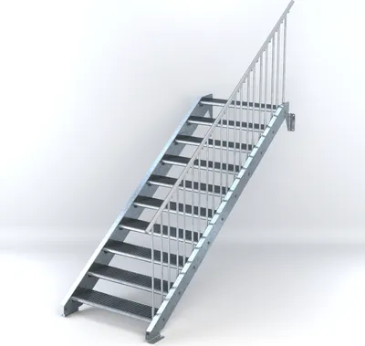 Produktbild von Stahltreppe 10 Stufen bis Höhe 200 cm, Laufbreite : 100 cm Geländer rechts ST 2 (31 / 31 mm gezackt)