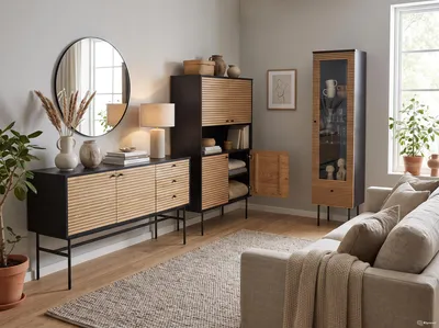 Produktbild von SalesFever Wohnzimmer-Set mit Sideboard, Vitrine und Highboard – 3-teiliges Möbelset in Eiche mit Softclose, Glasböden und viel Stauraum