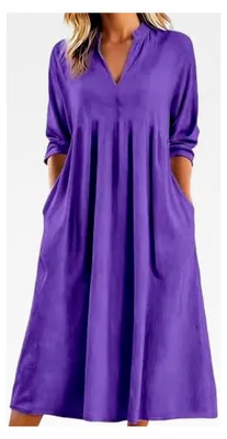 Produktbild von Herbstkleid Damen Langarm A-Linie Kleid Elegant mit Taschen Midi V-Ausschnitt