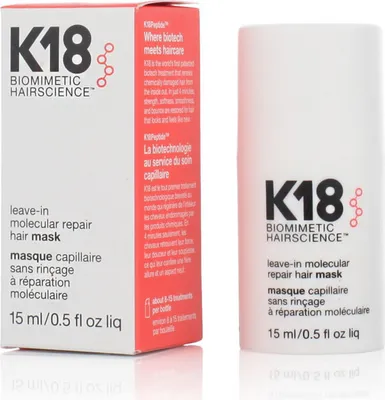 A product shot of K18 Leave-In Molecular Repair Hair Mask, showing both the box and the product container.