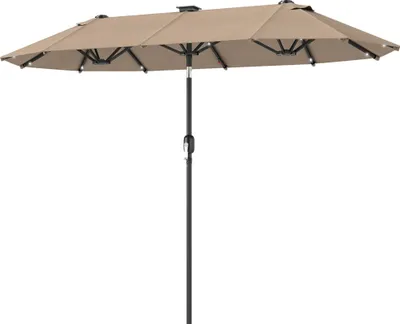 Produktbild von Doppelsonnenschirm 292 x 150 cm, Sonnenschirm mit mit LED-Beleuchtung Handkurbel, Knickfunktion Khaki