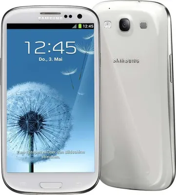 A white Samsung Galaxy S3 smartphone is shown from the front and back against a white background.