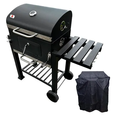 Produktbild von 4iQ Kohlegrill mit Gusseisenrost Grillwagen mit 2 Grillflächen 55x36 cm und 53,5x24 cm Schwarz mit Abdeckhaube