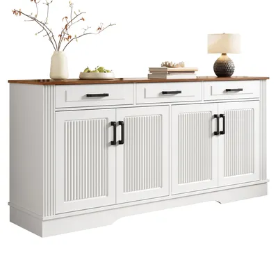 Produktbild von Sideboard 160 cm Weiß – Wohnzimmerschrank mit 4 Türen, 3 Schubladen & geriffelter Front, MDF Kommode mit viel Stauraum für Wohnzimmer, Esszimmer Flur