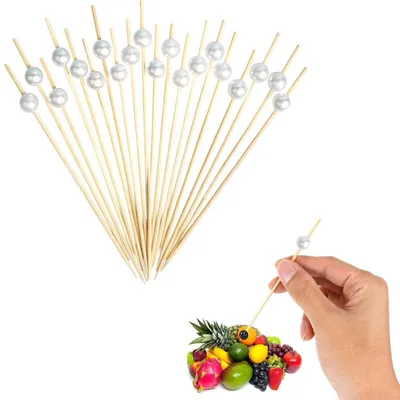 Zdjęcie produktu dla Szpikulce do koktajli, drewniane, 100 sztuk, 12 cm, z koralikami, do koktajli, owoców i przekąsek