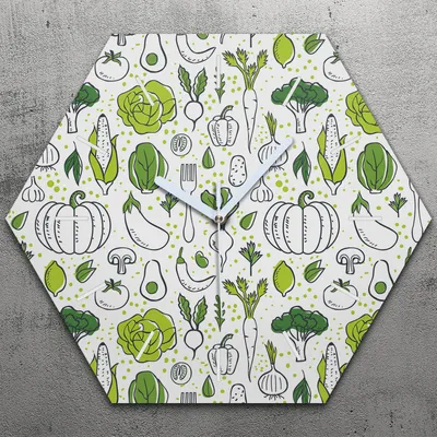 Produktbild von Uhr hexagonal 40 cm Glas Geräuschlos weiße Zeiger - Frisches Gemüse