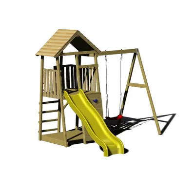 A wooden playground set with a slide and swings on a white background.