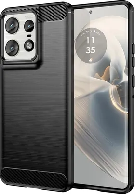 A black phone case is shown next to a smartphone displaying the time and date.