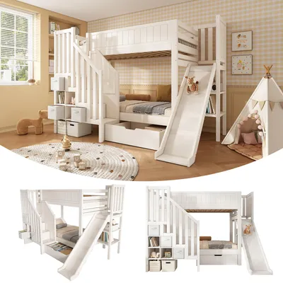 Produktbild von Kinder-Etagenbett 90×200 cm mit Rutsche, Leiterschrank, 3 Stoffschubladen, Rollschubladen, Regalen und Lattenrost, 2 Liegeflächen, Weiß, ohne Matratze