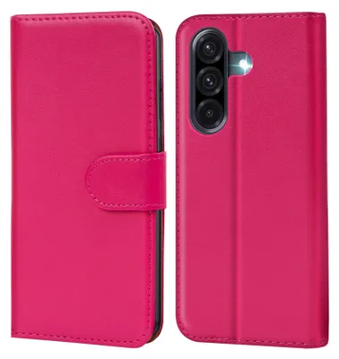 A pink book-style phone case is shown from the front and back.