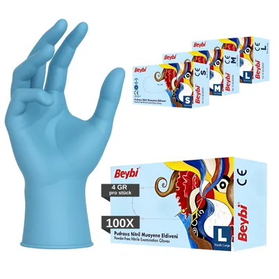 Produktbild von BEYBI®️ Nitril 3.5 Einweghandschuhe 100 St/Box, Blaue Nitrilhandschuhe L, puderfreie & latexfreie Einmalhandschuhe, Handschuhe in Gr. S, M, L