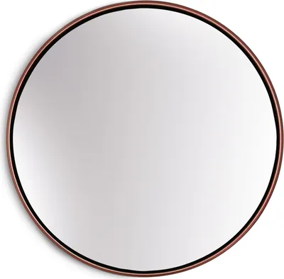 A round mirror with a rose gold metal frame, presented on a white background.