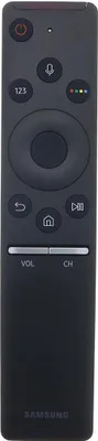 A black Samsung TV remote control is shown from a front-facing, slightly angled perspective against a black background.