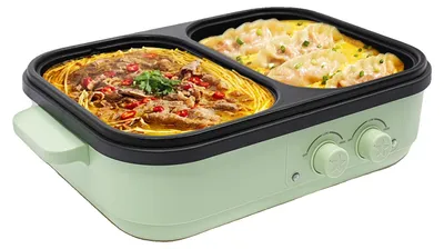 Zdjęcie produktu dla Elektryczny garnek do gotowania na gorąco i grill, 1300 W, pojemność 1 l, patelnia 0,2 l, podwójna regulacja temperatury, 34 × 22 × 13 cm