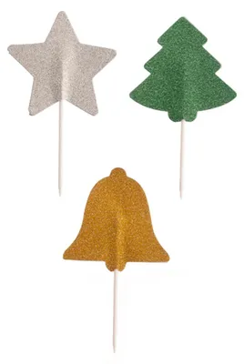 Image de 3 décorations de Noël scintillantes, 5 cm, en forme de sapin, étoile et cloche - Taille unique