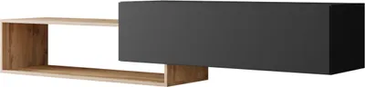 A modern TV lowboard with a combination of wood-look and black finishes, presented against a white background.