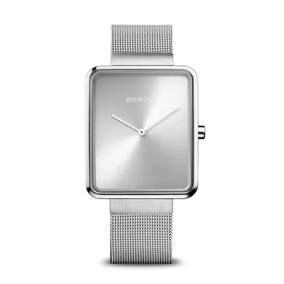 A silver Bering watch with a square face and a mesh band, presented against a white background.