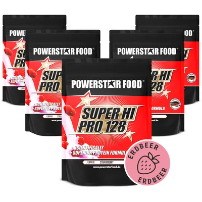 Produktbild von Powerstar SUPER HI PRO 128 | Mehrkomponenten Protein-Pulver 5x1kg | Höchste Biologische Wertigkeit | Protein-Shake zum Muskelaufbau | Erdbeere
