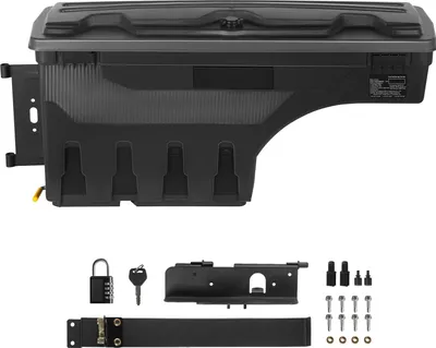 A black truck bed storage box and its accessories are displayed against a white background.