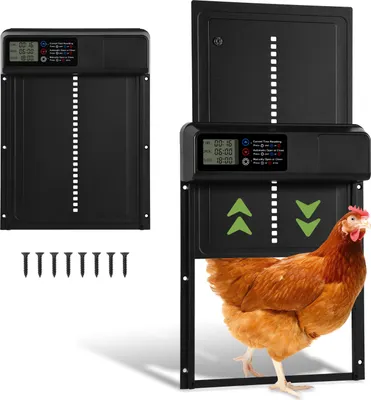 Produktbild von Hengda Automatische Hühnerklappe - Große mit Zeit/Handmodus Einklemmschutz, LCD-Display, IPX4wasserdicht, schwarz, mit Einklemmschutz, 33x24,5 cm