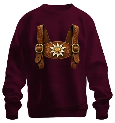 Immagine prodotto di Pantaloni tradizionali in pelle, motivo Edelweiß, abbigliamento tradizionale bavarese per l'Oktoberfest, maglia con cappuccio, maglione, colore bordeaux, taglia M