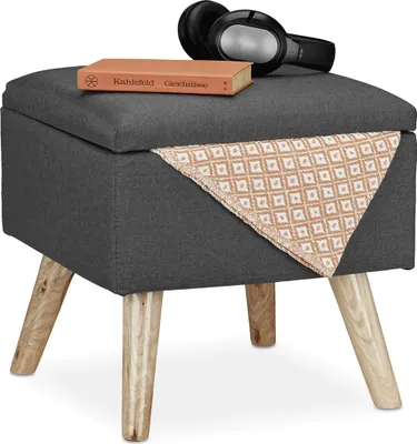 Produktbild von Relaxdays Hocker mit Stauraum, Kunstleinen-Bezug, gepolstert, Holzbeine, Fußhocker mit Deckel, HBT 40x40x40 cm, grau