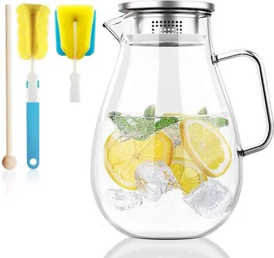 Image de Unyqoos® Carafe en verre 2 L – Fabriquée en verre borosilicaté (sans BPA), résistante de -20 °C à 150 °C, avec filtre fin, agitateur et brosse de nettoyage
