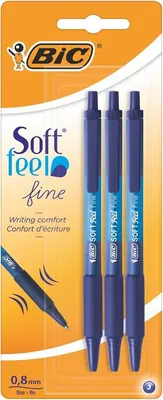 A package of three blue Bic Soft Feel Fine pens on an orange and white background.