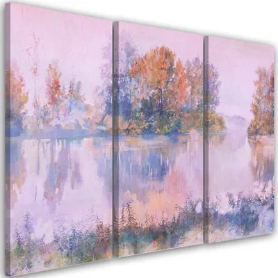 Produktbild von Triptychon auf leinwand blick auf den see 90x60 cm Feeby blau wandbild bereit zum aufhängen