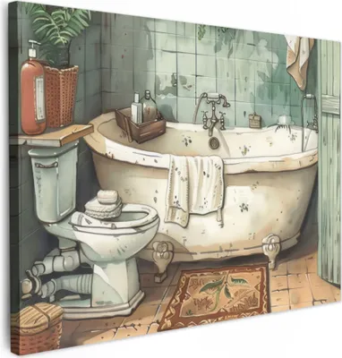 Produktbild von MuchoWow® - Leinwandbilder - Vintage - Badewanne - Badezimmer - Illustration, Wandbild, Wanddeko Bilder Wohnzimmer, 40x30 cm