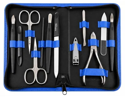 Produktbild von Maniküre Pediküre Set 12-teilig – Nagelpflege Set mit 5 Solingen Qualitätsinstrumenten, Echtleder Etui, gehärteter Stahl – Germany Blau