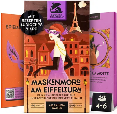 Produktbild von Gourmet Criminelle® Krimidinner für zuhause | 4 bis 6 Personen | Maskenmord am Eiffelturm | Krimidinnerspiel ab 16 Jahren