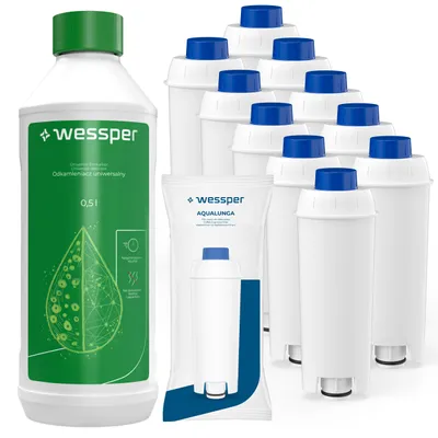 Immagine prodotto di Set di accessori per macchine da caffè espresso Wessper: 10 filtri anticalcare AquaLunga + detergente anticalcare CleanMax da 500 ml, compatibile con DeLonghi SER3017 DLSC002