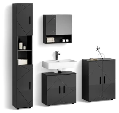 Produktbild von Badmöbel-Set Ronco, Anthrazit Hochglanz, 4 Teile mit Hochschrank und Kommode